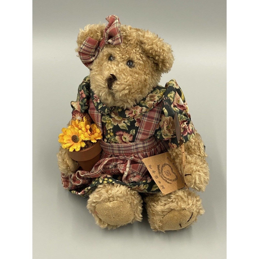 Vintage 12" Artisan Flair Miss Elle's Collection Teddy Bear W/ Sunflower Pot